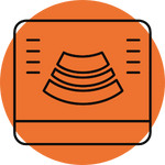 Illustrazione semplice e stilizzata di uno schermo di un apparecchio a ultrasuoni con linee nere su sfondo circolare arancione, che mostra un tipico modello di onda a ultrasuoni.