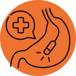 Disegno lineare di uno stomaco umano con una capsula all'interno e una bolla vocale contenente una croce medica, il tutto su uno sfondo circolare arancione.